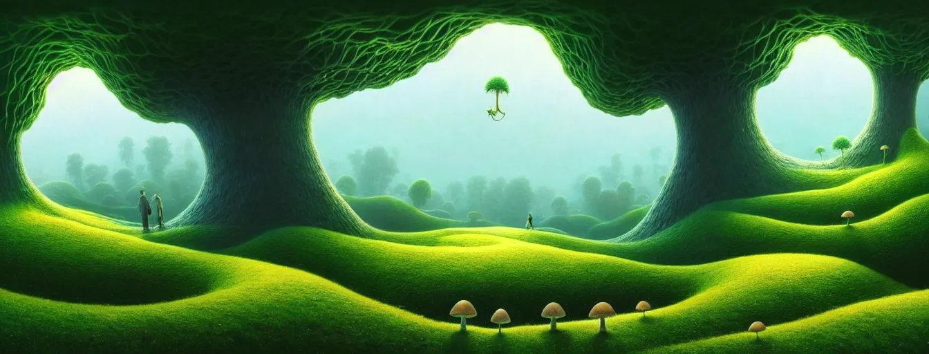 Image similar to gediminas pranckevicius holes everywhere, beautiful and stunning professional digital artwork of a glowing mushroom cave, haze, spores floating in the air, vines, water, volumetric lighting, hyperrealistic, rtx on, ultra detail, barlowe wayne, maxfield parrish and marco mazzoni, miniature | no signature!