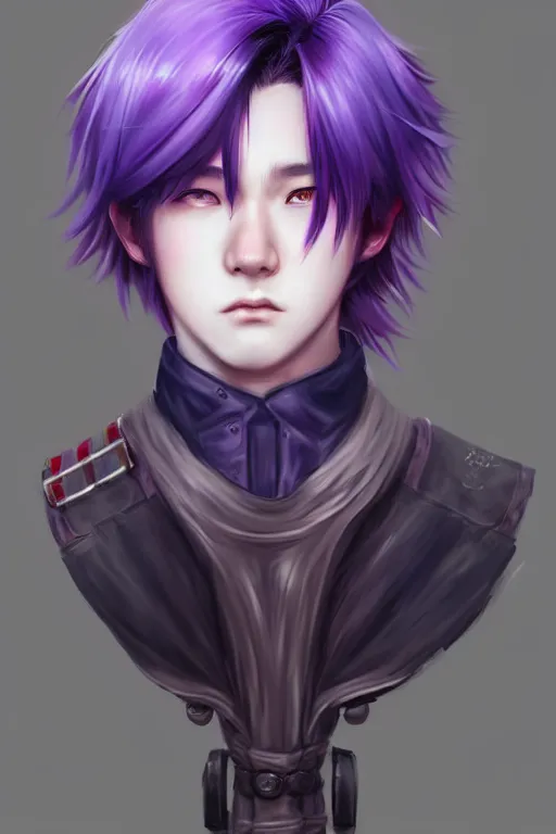 Image similar to gorgeous!!! hyper - realistic teenager boy with purple hair, purple eyes with red eye markets, wearing combat japanese clothes, holding a fan | drawn by wlop, drawn by jeehyung lee, drawn by artgerm | intricate, highly detailed, digital painting, character design, concept art, illustration, artstation