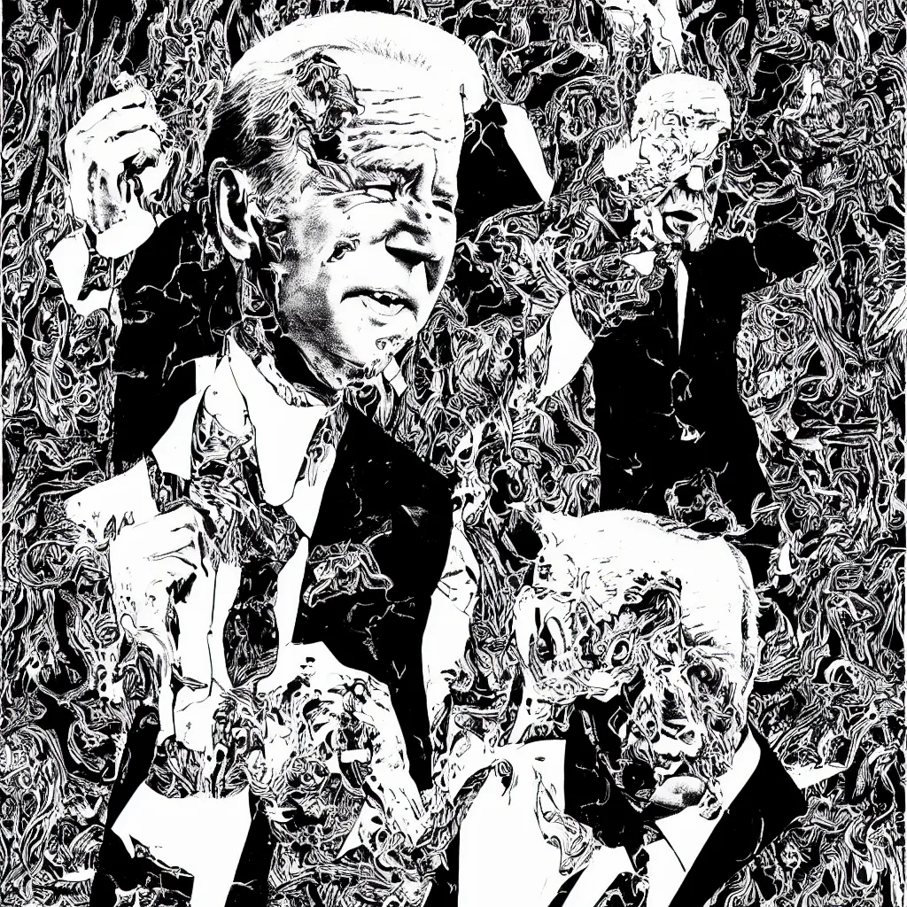 Image similar to Joe Biden full body portrait, body horror, black and white Illustration by Junji Ito