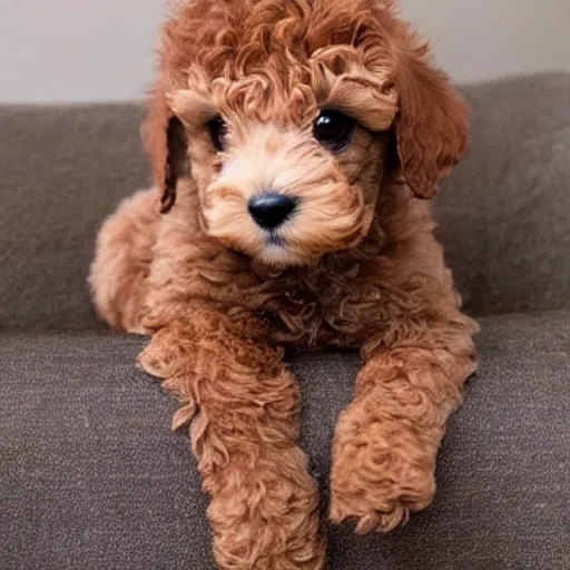 Image similar to very realistic cute light brown poodle puppy sitting inside a tea cup