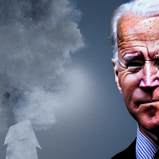 Image similar to creepy joe biden appearing from the shadows, hyper realism, horror, terror, shawody, dark lighting, mist, fog, smoke, scary,