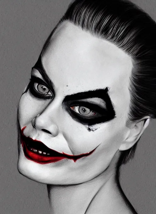 Image similar to a drawing of margot robbie with joker makeup, ace card, realistic face, black and white, hyper realistic, highly detailed