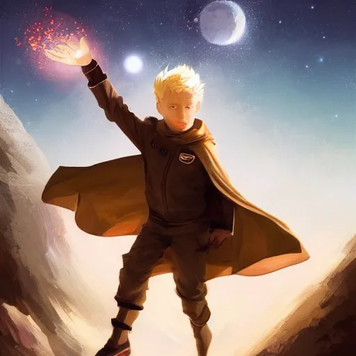 Prompt: blonde boy with golden eyes wearing a brown cape and flying in t pose, space background, greg rutkowski