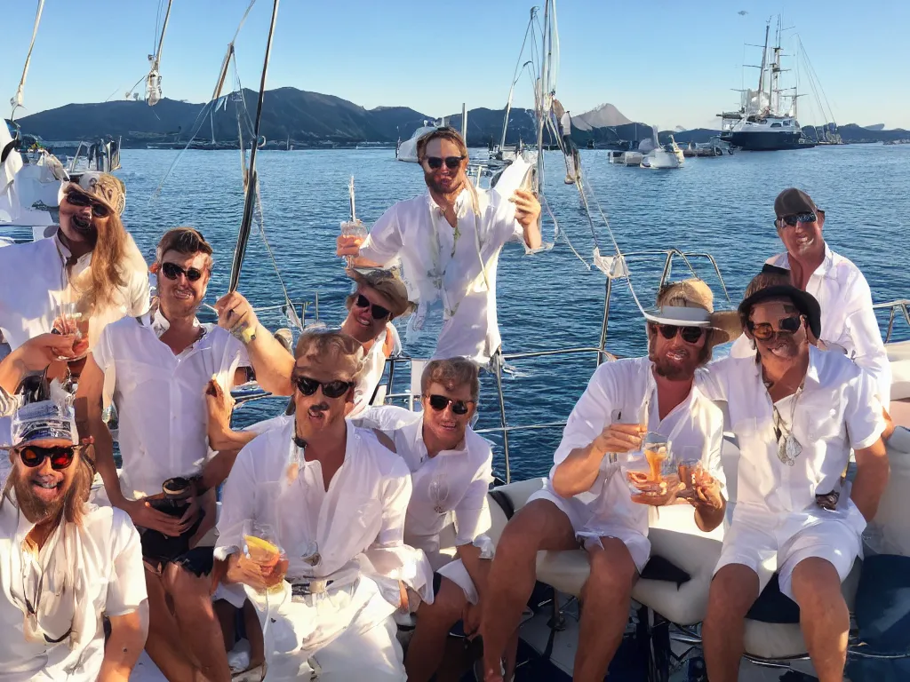 Prompt: yacht party with the beaver boys, eating shrimp cocktail and drinking white wine