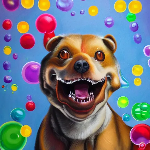 Image similar to high detail oil painting of a rabid dog, rabies, foam, bubbles made of emoji faces, trending on artstation