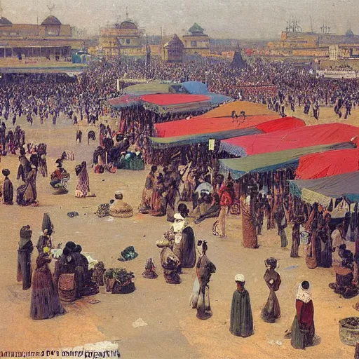 Image similar to dahomey officials with completely flat colorful umbrellas in ahomey's huge main square, from above, 1905, highly detailed, oil on canvas, by ilya repin