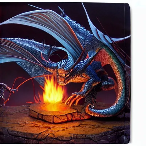 Prompt: bizmuth dragon glowing coals between bizmuth scales dragon profile eyes glowing on a plateau table rock book cover by artist michael whelan photorealistic