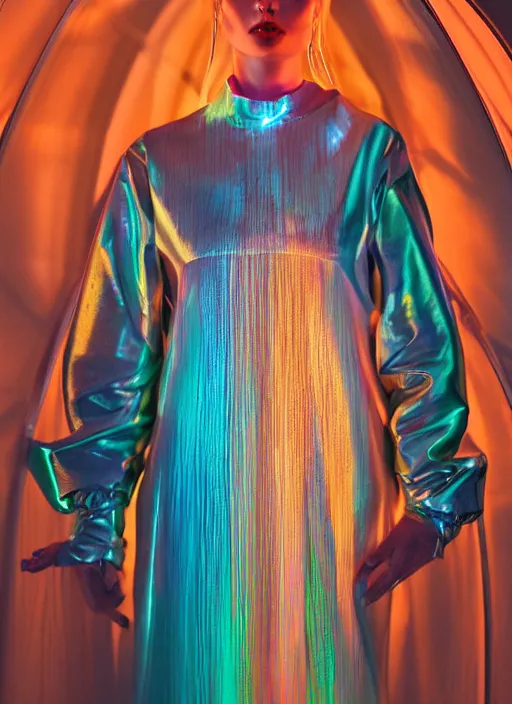 Prompt: vertical photo of polish female in chromatic futuristic translucent jacket, blonde, curly hair, symmetrical beautiful face, cyberpunk, native costume, standing in the primitive tent, prismatic neon, fashion editorial photography, hyperrealistic, from vogue magazine, reflections, refraction, gold, teal, orange
