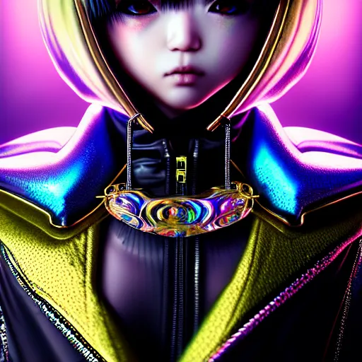 Image similar to hyperdetailed streets metals and shiny iridescent gems, dark rainbow nimbus, gold necklace, puffer jacket, inspired by ross tran and masamune shirow and kuvshinov, intricate, photorealistic, octane render, rtx, hdr, unreal engine, dnd digital art by artgerm