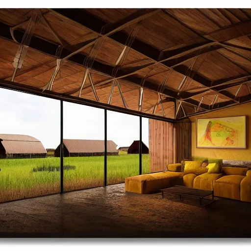 Image similar to interior view of modern futuristic farm barn architecture and interior design, lounge chairs, sofas, cows, chickens, pigs, wall art, detailed luminescent oil painting 4 k