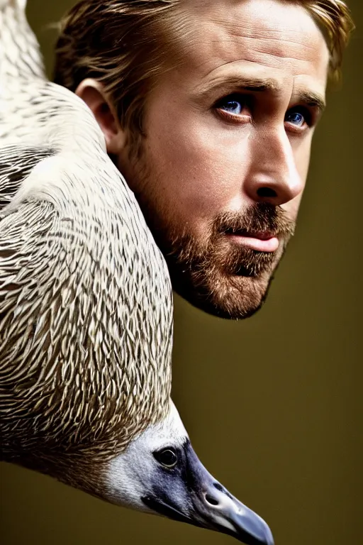 Image similar to ryan gosling fused with a goose, construction, natural light, bloom, detailed face, magazine, press, photo, steve mccurry, david lazar, canon, nikon, focus