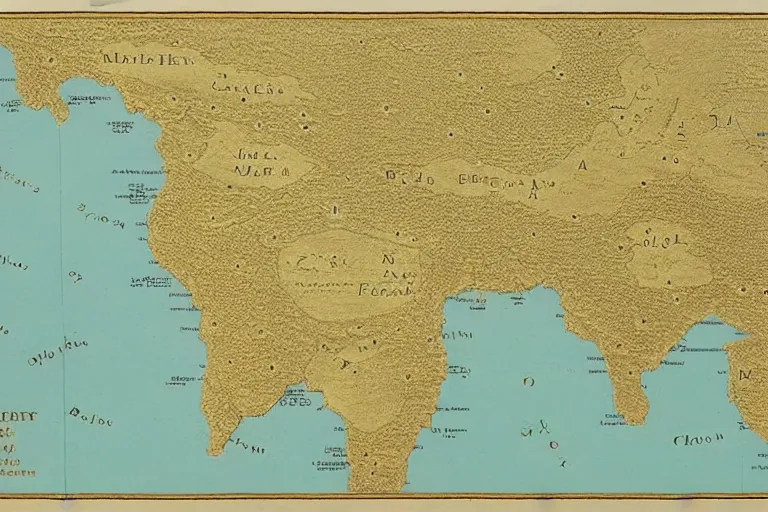 Image similar to Map of a heavenly realm including regional borders made of gold and statistics for each region, intricately detailed, full color