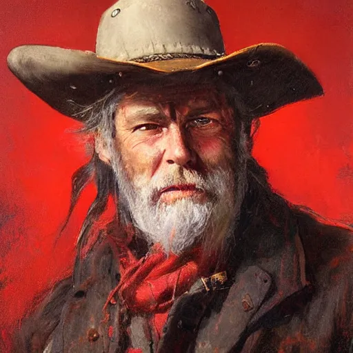 Image similar to Solomon Joseph Solomon and Richard Schmid and Jeremy Lipking victorian genre painting portrait painting of a old rugged cowboys gunfighter old west character in fantasy costume, red background