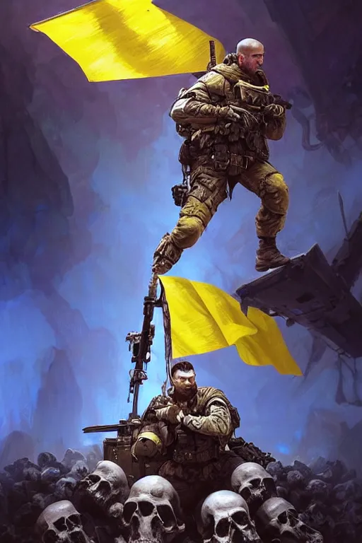 Image similar to special forces soldier with ukrainian blue yellow flag standing on a pile of skulls as a winner, masculine figure, d & d, fantasy, bright atmosphere, volumetric lights, intricate, elegant, extremely detailed, digital painting, artstation, concept art, matte, smooth, sharp focus, hyper realistic, illustration, art by artgerm and greg rutkowski and alphonse mucha