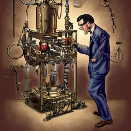 Prompt: A random pointless contraption ((steampunk)) industrial appliance pneumatic machine with no apparent purpose, being operated by a scholarly looking man with a clear directed gaze, artwork by Steve Henderson