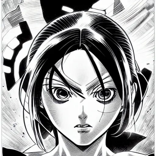 Image similar to alita by yukito kishiro. medium shot. black and white manga. pencil drawing.