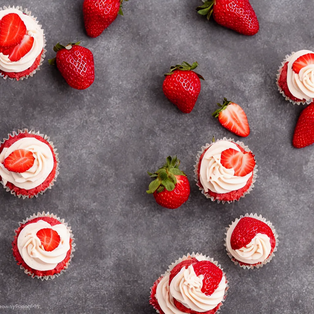 Prompt: strawberry cupcake, dynamic lighting, bokeh, carl zeiss 8 5 mm vintage lens, hyper realistic, award winning food photography