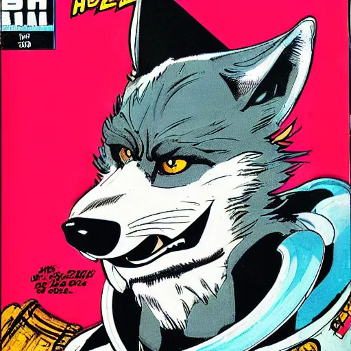 Image similar to 1 9 8 0 s comic book cover scan featuring a portrait of villain male wolf o'donnell anthropomorphic wolf furry fursona from starfox wearing a dark space mercenary uniform, dark grey wolf, handsome eyes, wolf o'donnell