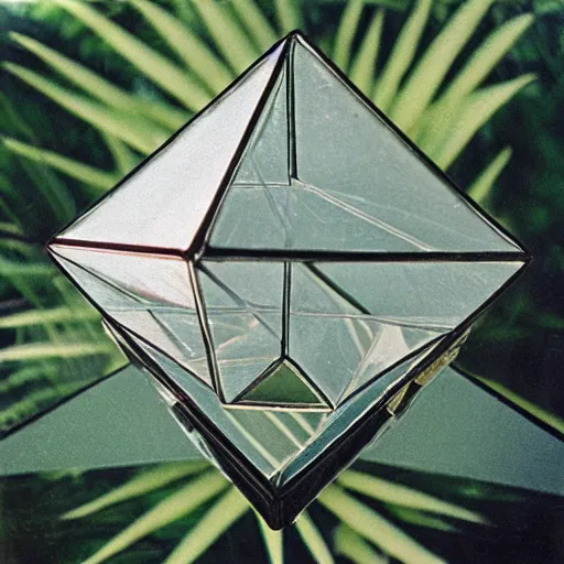 Image similar to grainy Polaroid film photograph of a highly reflective chrome octahedron in a tropical greenhouse. super resolution. surreal. Extremely detailed. Polaroid 600 film. by Annie Leibovitz and Richard Avedon