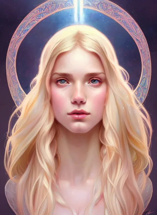 Image similar to perfectly feminine face!! full body portrait of young fairy goddess blessed by nature with ever - increasing physical mental perfection, blonde, symmetrical! intricate, sensual features, highly detailed, biblical divine holy perfection!! digital painting, artstation, concept art, smooth, sharp focus, illustration, art by artgerm and greg rutkowski and alphonse mucha