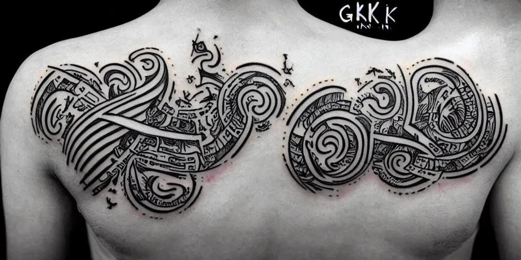 Image similar to black and white tattoo design with alien cryptic calligraphy symbols, by gakkin 8 k, highly detailed