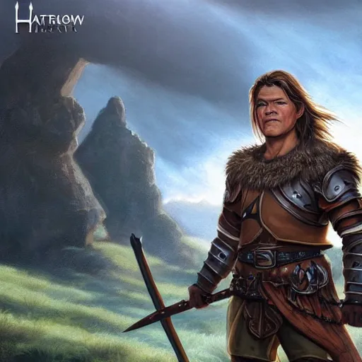 Image similar to dnd character.. human druid. matt damon. mullet. chinstrap patchy beard. plains and horses in the background. brown. beige. holding spear. leather armor. concept portrait. hd. dynamic lighting, fantasy, artwork by artgerm, greg rutknowski