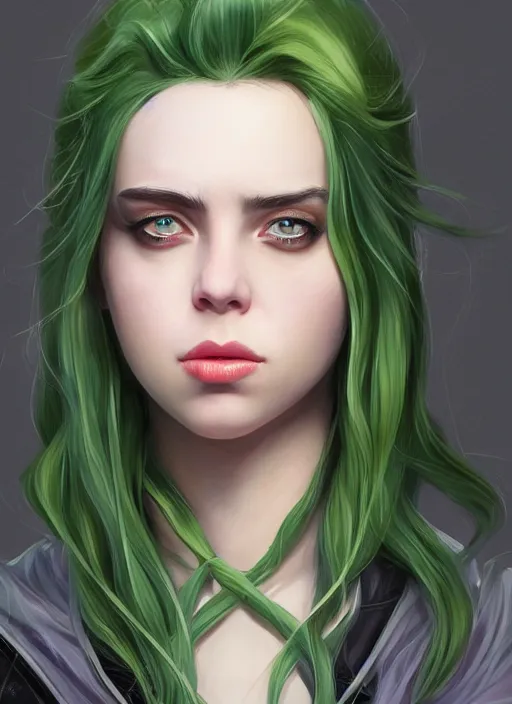 Image similar to billie eilish as female loki by Stanley Artgerm Lau, WLOP, Rossdraws, James Jean, Andrei Riabovitchev, Marc Simonetti, and Sakimichan, trending on artstation, hyper realistic, smooth render, bokeh