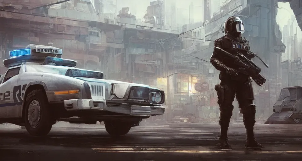 Image similar to a highly detailed epic cinematic concept art CG render digital painting artwork scene: retrofuturistic 1980s cyberpunk soviet police patrol car. By Greg Rutkowski, Ilya Kuvshinov, WLOP, Stanley Artgerm Lau, Ruan Jia and Fenghua Zhong, trending on ArtStation, made in Maya, Blender and Photoshop, octane render, excellent composition, cinematic dystopian brutalist atmosphere, dynamic dramatic cinematic lighting, aesthetic, very inspirational, arthouse