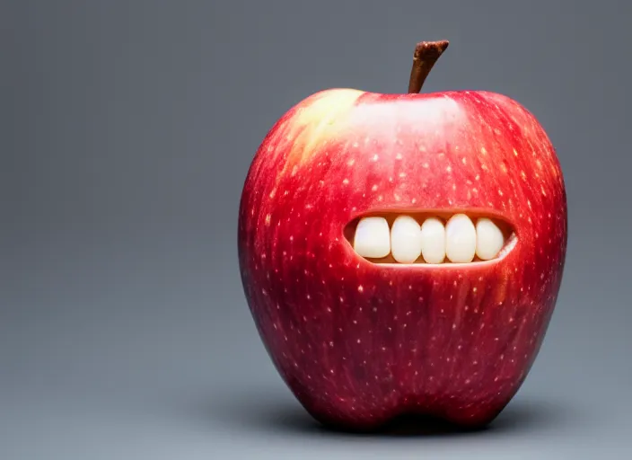 Image similar to photo still of an apple with human teeth, 8 k, studio lighting bright ambient lighting key light, 8 5 mm f 1. 8