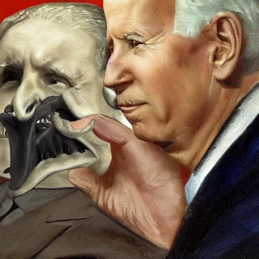 Image similar to painting of Joe Biden devouring Mitch McConnell, by Goya