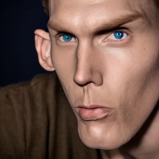 Prompt: jerma staring threateningly at the camera, brown eyes, hyper realistic, photography, centered, red and blue lights in the background
