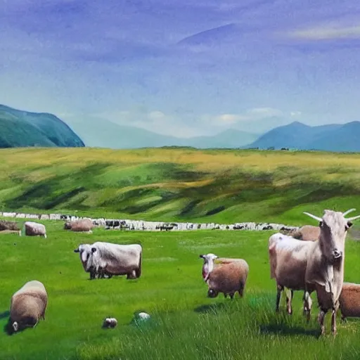 Image similar to beautiful landscape by Hugh Ferris, small houses, unexploited area, blue sky, sunny day, animals all around, cows and sheeps, big mountains in the back, huge lake, singing birds