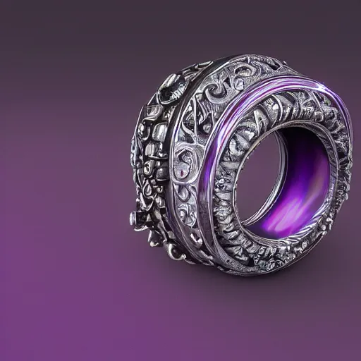 Prompt: silver ring with a purple pearl, extra terrestrial, magical, intricate, hyper detailed, octane render, 4k, 8k, photorealistic, fill light