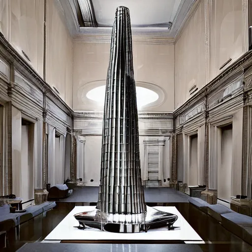 Image similar to giant Italian modern castle living room, clean minimalist design, that is 1300 feet tall, with very tall giant walks, giant modern stainless steel sculpture by John Chamberlain, photo by Annie Leibovitz