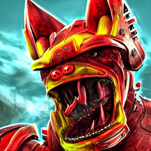 Image similar to digital drawing of a yellow monster dog with iron armor and fangs protruding from its snout, concept art, hyper detailed, global light, painted, yellow and red, low contrast, lowlights, hdr 8 k, by artgerm