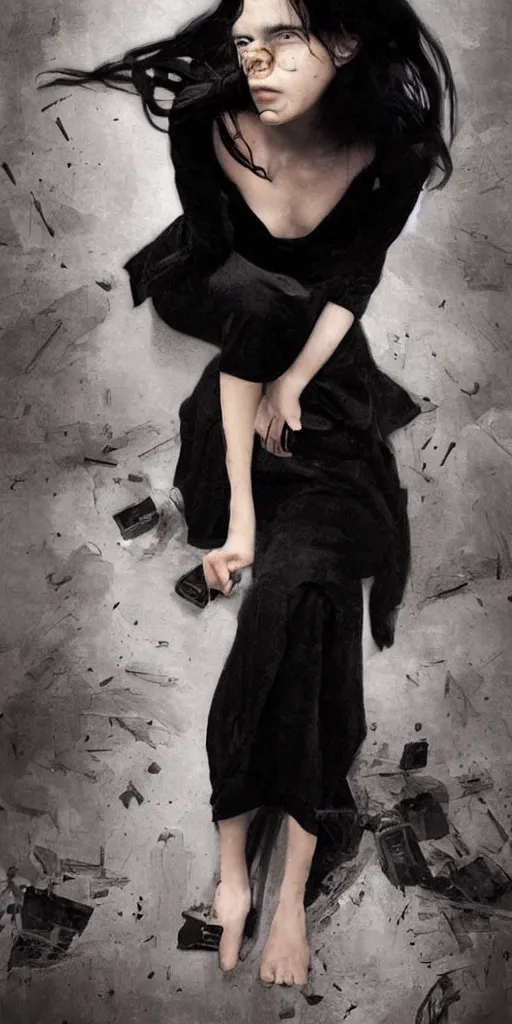 Image similar to character poster of young girl with straight long black hair wearing black dress sitting in bathroom floor, poster by artgem, greg rutkowski and mario testino