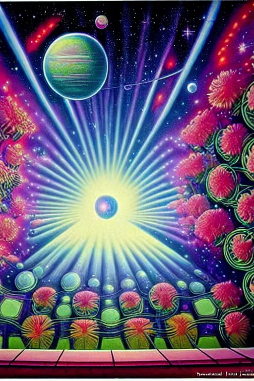 Image similar to a beautiful future for reality simulation, scientists and space flowers, utopian, by david a. hardy, wpa, public works mural, socialist