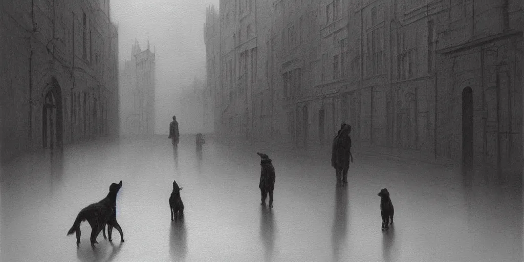 Prompt: painting of a dog and it's lifeless owner wandering the streets of london, by zdzislaw beksinski, by dariusz zawadzki, by wayne barlowe, gothic, surrealism, cold hue's, warm tone gradient background, concept art, focused scene, medium shot, beautiful composition