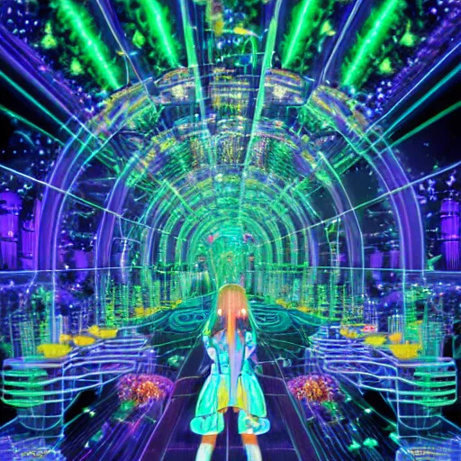 Image similar to anime dj girl electronic circuitry, with fireflies reflections hall of mirrors kaleidoscope bioluminescent vines and flowers, glitter, fractals, by scott uminga and chris dyer and alex grey street art, trending on artstation, dramatic lighting, octane render, weta digital, trending on deviant art, deepdream, ray trace