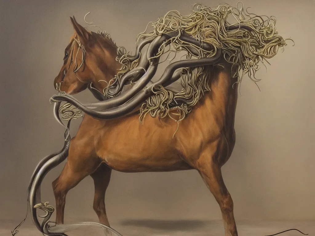 Prompt: a perfect hyperrealist painting of a horse, leg tentacle transplant and a mane of tentacles. 3 5 mm film photograph in style of stubbs whistlejacket. fine art, gallery lighting, solemn, and exquisite