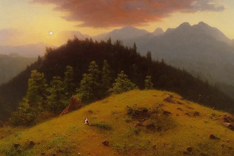 Prompt: a traveler wandering trough the mountains looking at the clouds, very detailed, focused, oil painting, cinematic lighting, albert bierstadt, trending on artstation, colorful, canvas, sunset, hans dahl, theodor kittelsen, hermann hendrich, national geographic, Konstantin Yakovlevich Kryzhitsky, beautiful nature