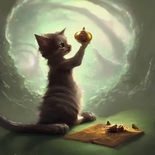 Prompt: a beautiful stunning fantasy whimsical matte digital concept painting of a kitten learning magic by kit faced and marc simonetti, magic the gathering, trending on artstation hq, contest winner, masterpiece, pastel color palette, 8 k resolution