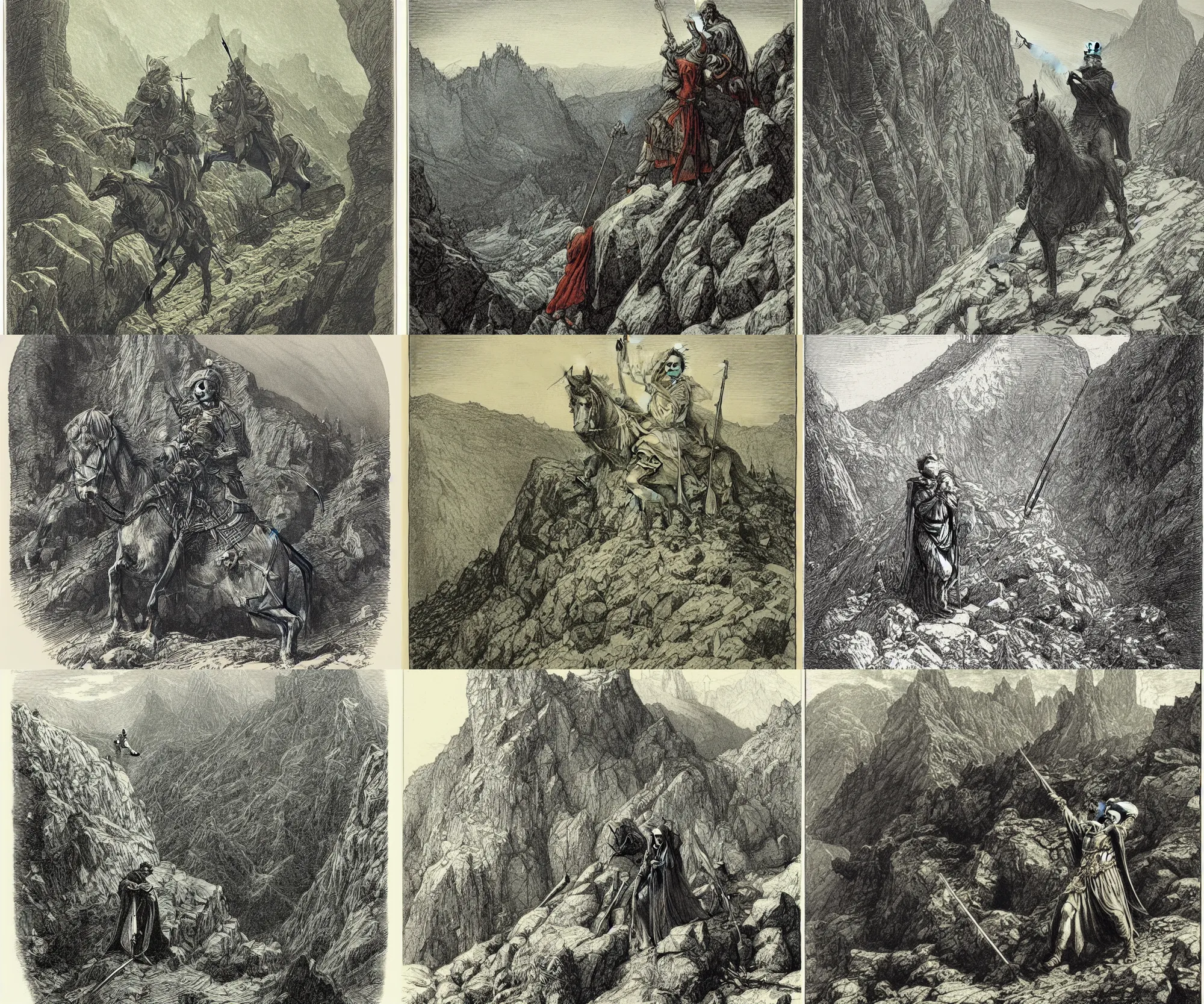 Prompt: a coloured engraving of king arthur in the mountains by gustave dore, n. c. wyeth, highly detailed, coloured lithograph engraving