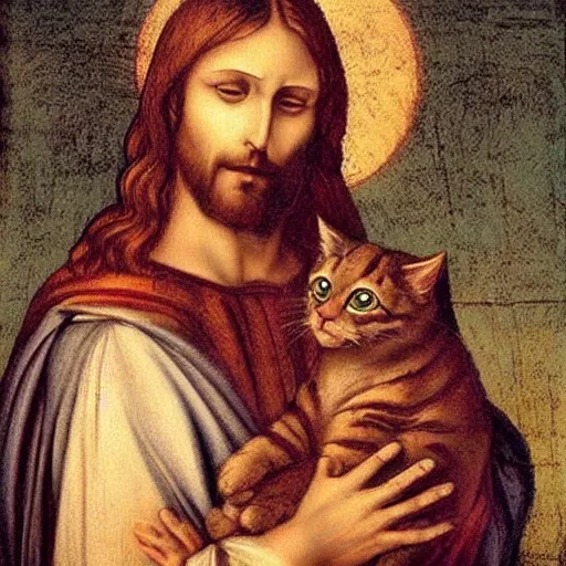 Prompt: jesus holding a cute cat, big eyes, symetrical faces, emotional, cute, powerful, digital art by leonardo da vinci