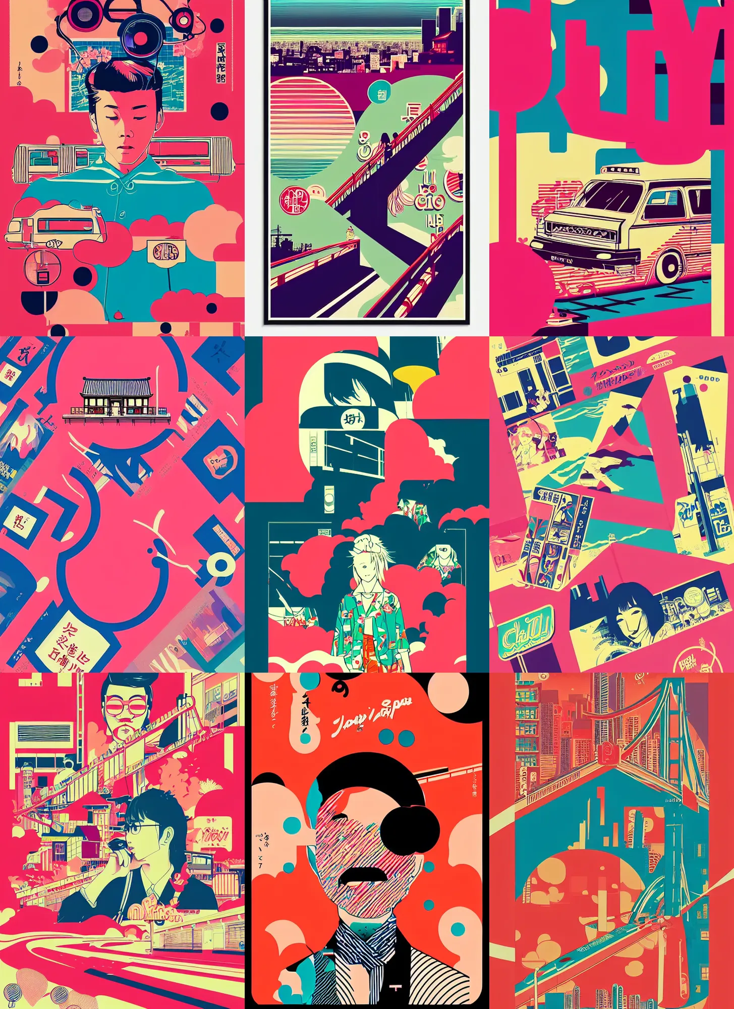 Prompt: beautiful illustration of layout of japanese pop art, city pop, branding stylish frame, acid, metropolitan, typography, music, chillhop, obi strip, poster, 8 0 s, album art, masking, lo - fi, logo, landscape, pinterest, dribble, influenced by retro and vintage, artstation, 8 k, user interface, underground