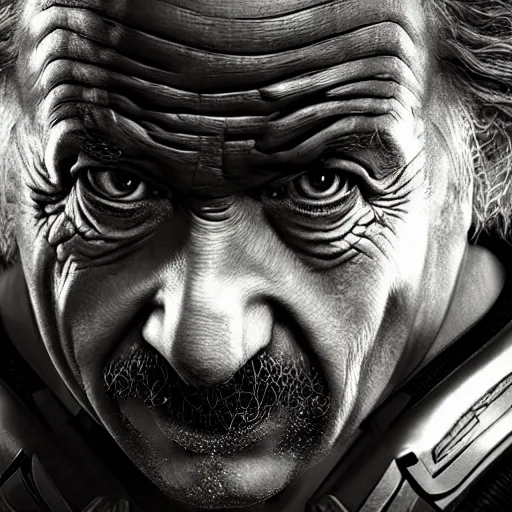 Image similar to 'Albert Einstein'! as Batman in Gears of War, splash art, movie still, detailed face, cinematic lighting, dramatic, octane render, long lens, shallow depth of field, bokeh, anamorphic lens flare, 8k, hyper detailed, 35mm film grain