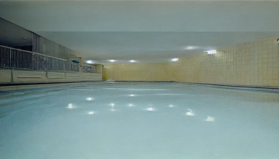 Image similar to 1 9 6 0 s movie still of empty light yellow tiles swimmingpool, low quality, liminal space style