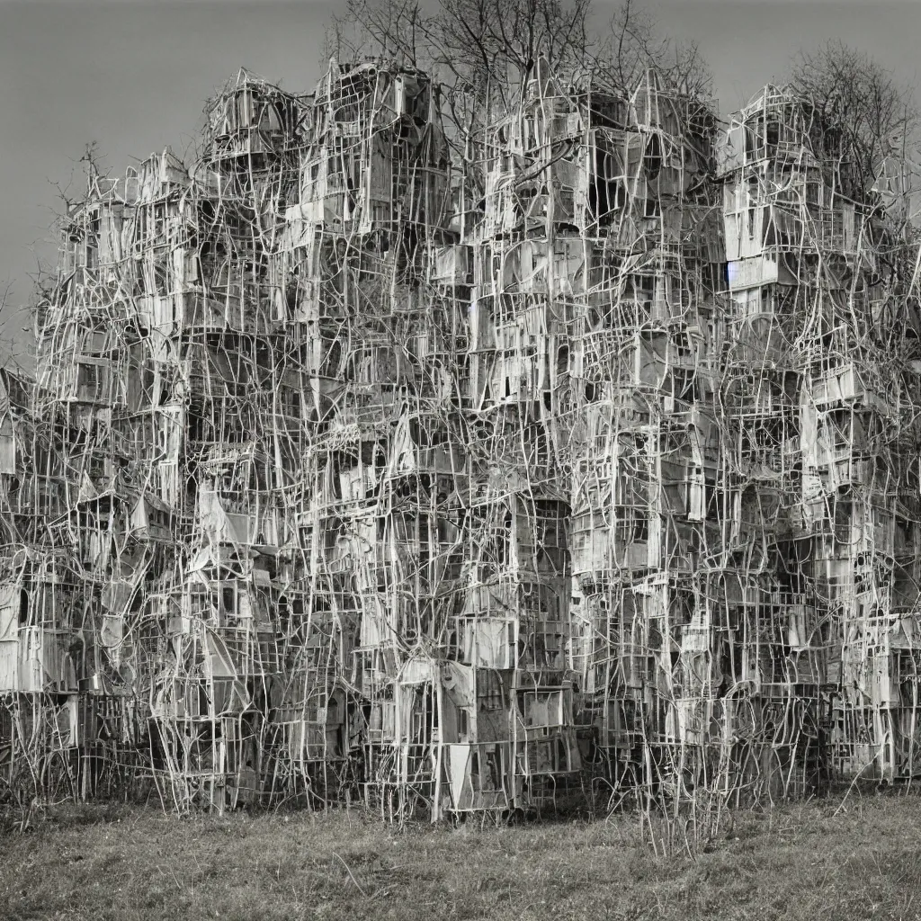 Prompt: organic looking towers, made up of makeshift squatter shacks with light colours, dystopia, mamiya rz 6 7, fully frontal view, very detailed, photographed by jeanette hagglund