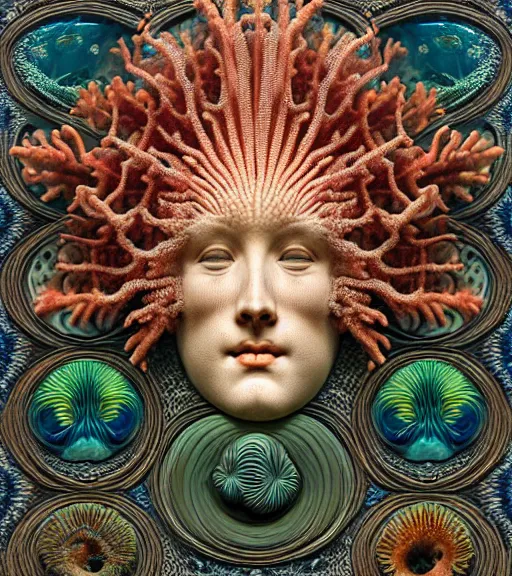 Image similar to hyperrealistic detailed underwater face portrait of the beautiful god of the fish with an intricate headgear of corals, sea kelp, sea plants, fish, starfish, jellyfish, art by ernst haeckel, james jean, john william godward, gothic, neo - gothic, ornamental, beautiful deep colours,