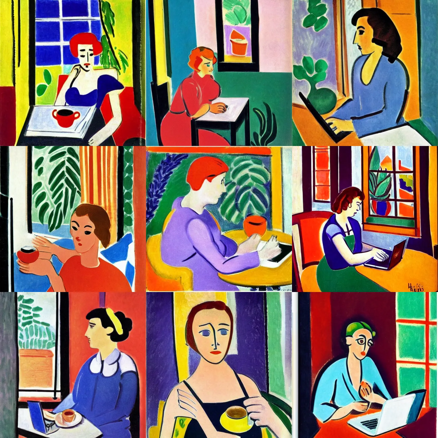 Prompt: good morning, by henri matisse 1 9 3 5. girl, laptop, hot coffee, window, sun